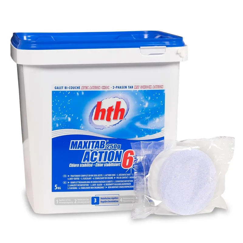 Slow-dissolving + shock multi-action chlorine tablets hth 6-in-1 5 kg, 250 g (France) — photo 1